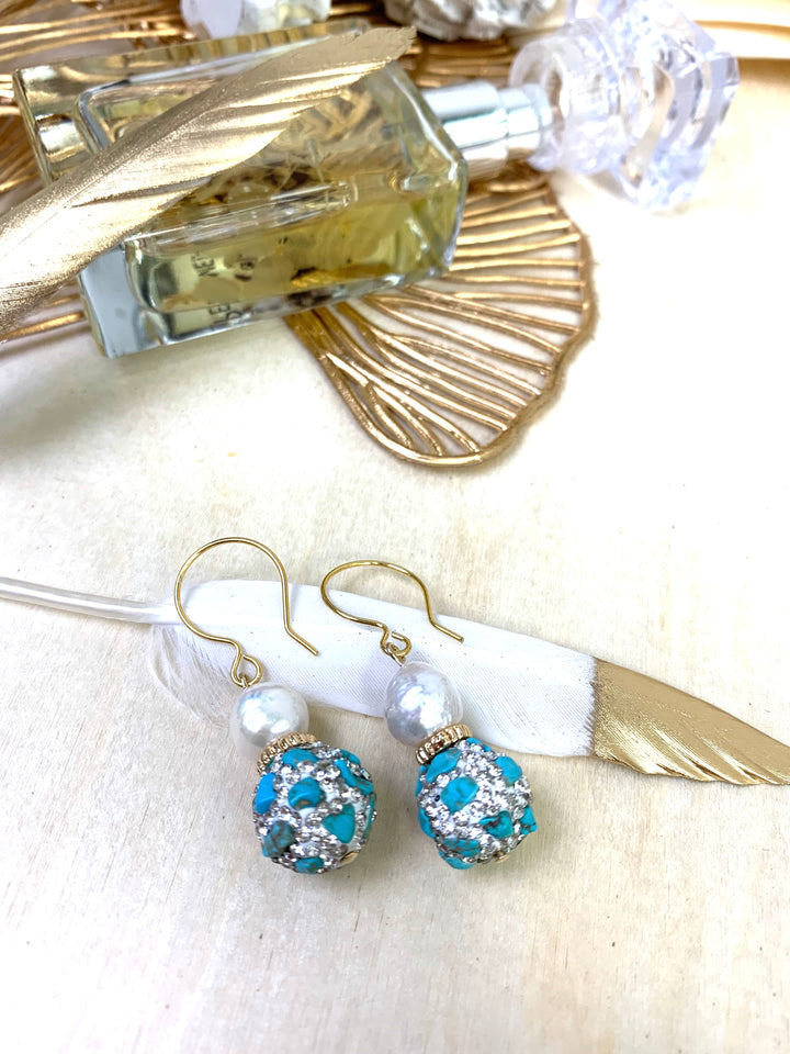Freshwater Pearls With Rhinestones bordered Turquoise Dangle Earrings EE007 - FARRA