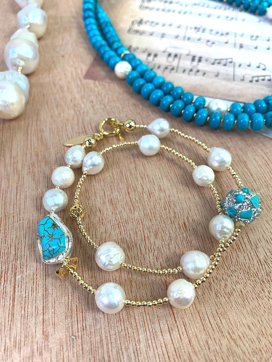 Freshwater Pearls With Turquoise Double Wrapped Bracelet EB001 - FARRA