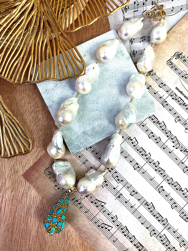 Baroque Pearls With Rhinestone Bordered Turquoise Charm Necklace EN012 - FARRA
