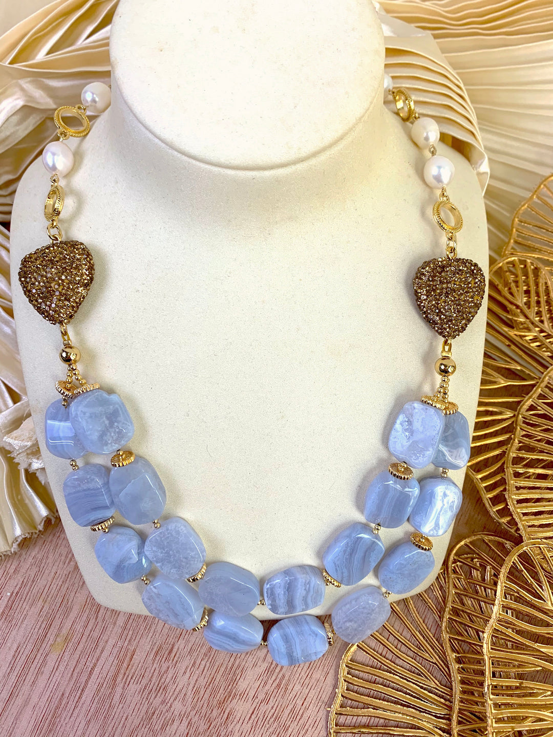 Blue Lace Agate With Fresh Water Charm Double layers Necklace EN008 - FARRA
