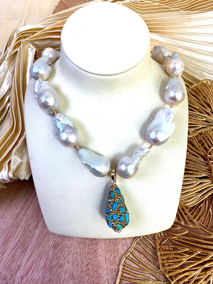 Baroque Pearls With Rhinestone Bordered Turquoise Charm Necklace EN012 - FARRA