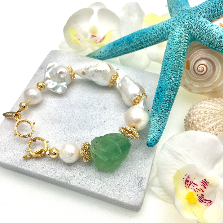 Baroque freshwater pearls with green fluorite bracelet NPB005 - FARRA