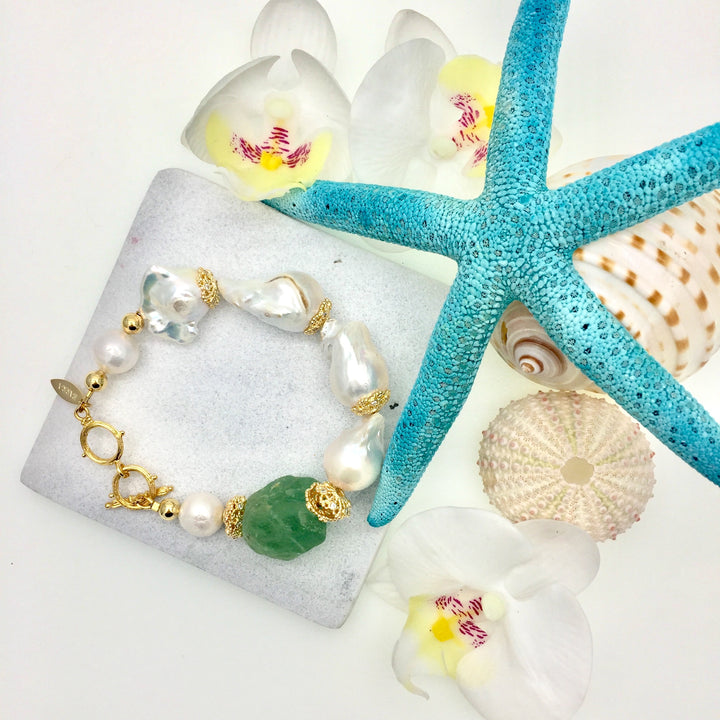 Baroque freshwater pearls with green fluorite bracelet NPB005 - FARRA