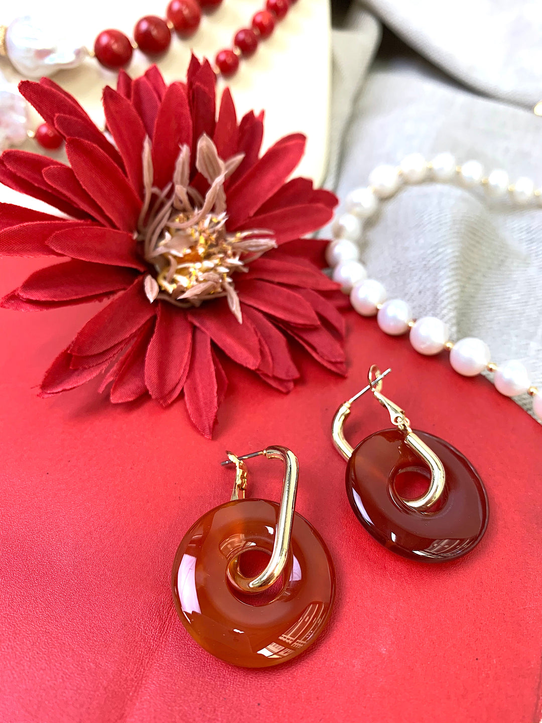 Donut Shaped Red Agate Minimalist Earrings EE036 - FARRA