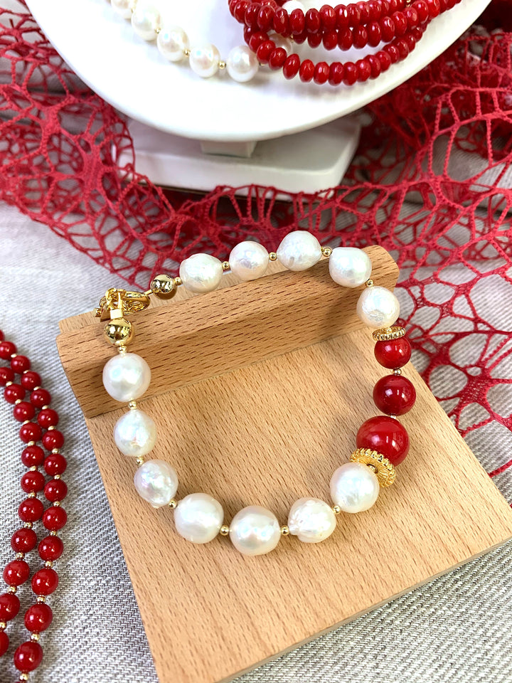 Freshwater Pearls with Red Coral Bracelet EB005 - FARRA