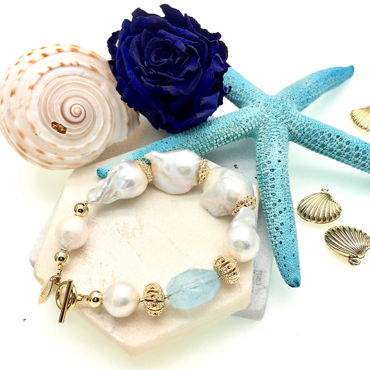 Freshwater Pearls & Aquamarine Bracelet NPB008 - FARRA