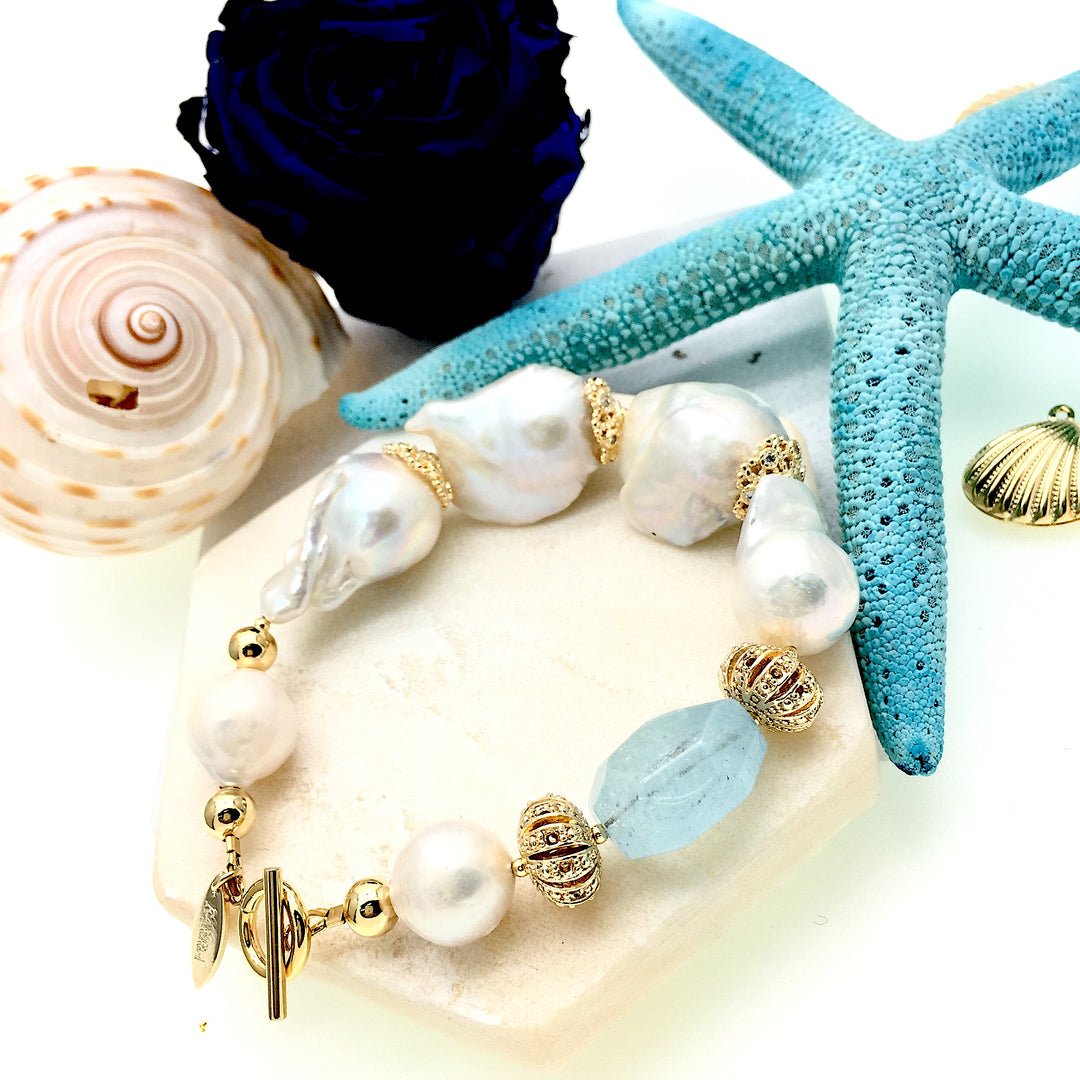 Freshwater Pearls & Aquamarine Bracelet NPB008 - FARRA
