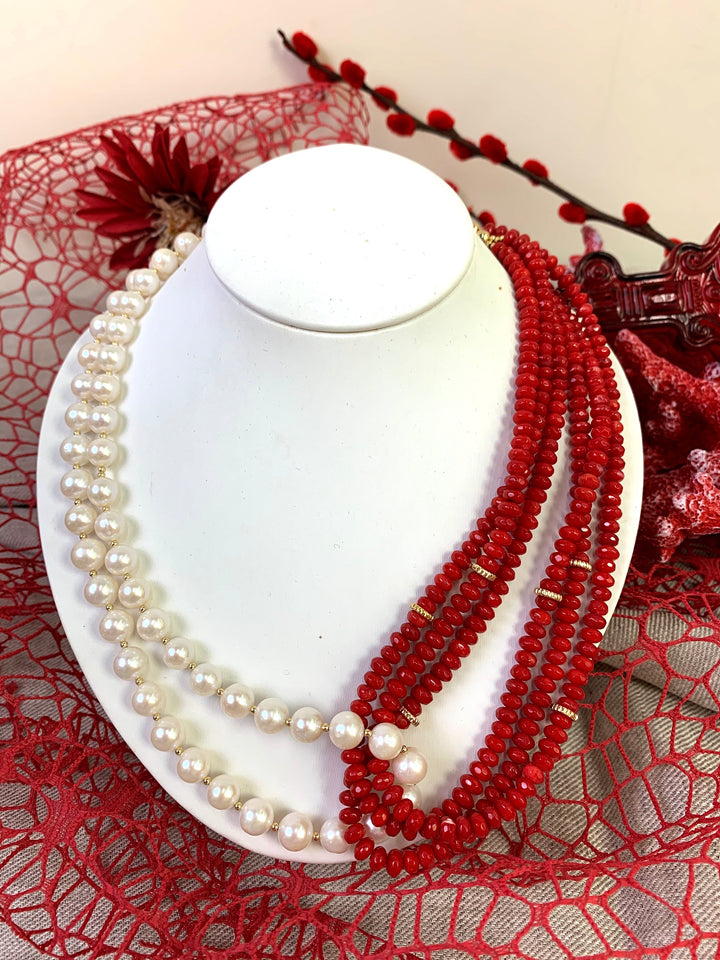 Red Corals With Freshwater Pearls Multi-Strands Necklace EN039 - FARRA