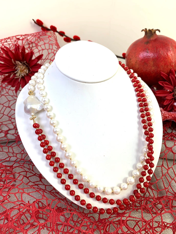 Red Coral & Freshwater Pearls Multi-Way Long Necklace EN038 - FARRA