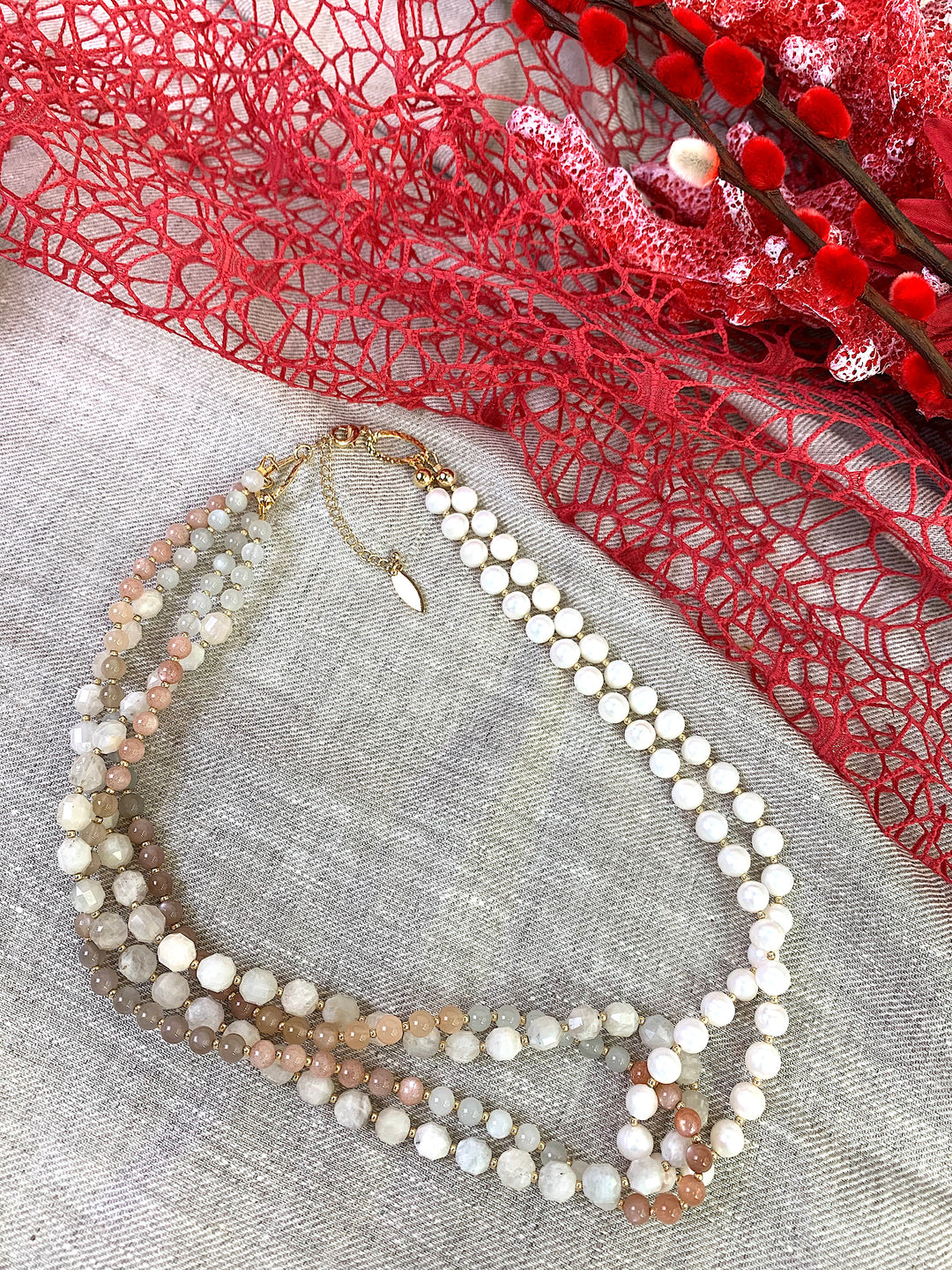 Moonstones With Freshwater Pearls Multi-Strands Necklace EN037 - FARRA