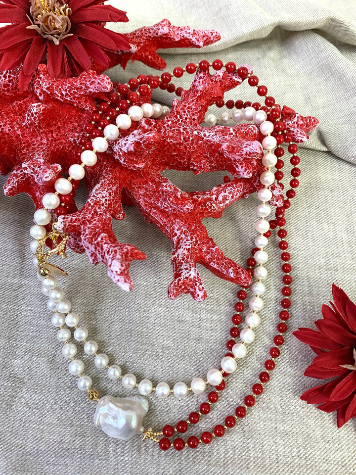 Red Coral & Freshwater Pearls Multi-Way Long Necklace EN038 - FARRA