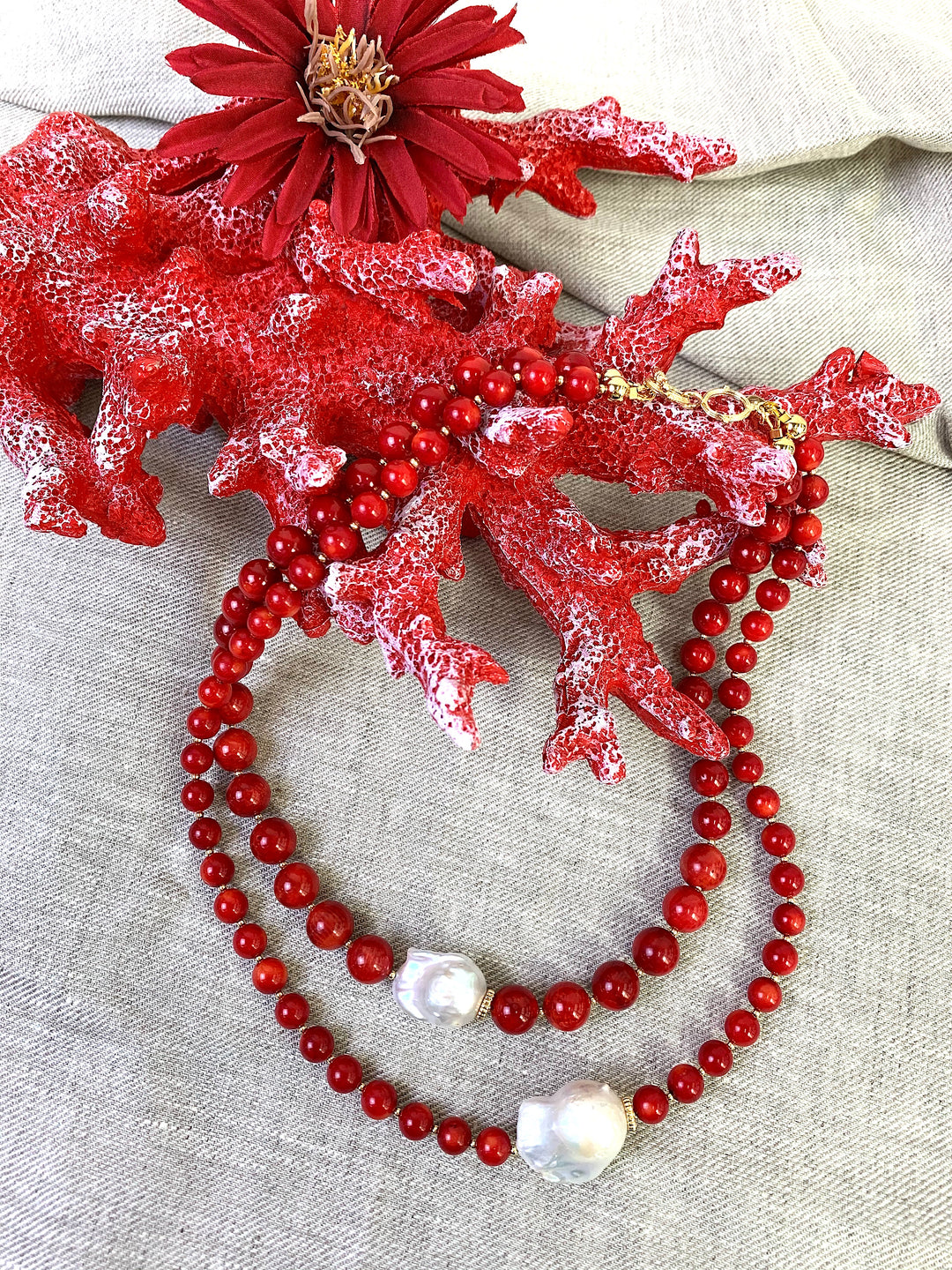 Red Coral With Baroque Pearls Double Strands Necklace EN036 - FARRA