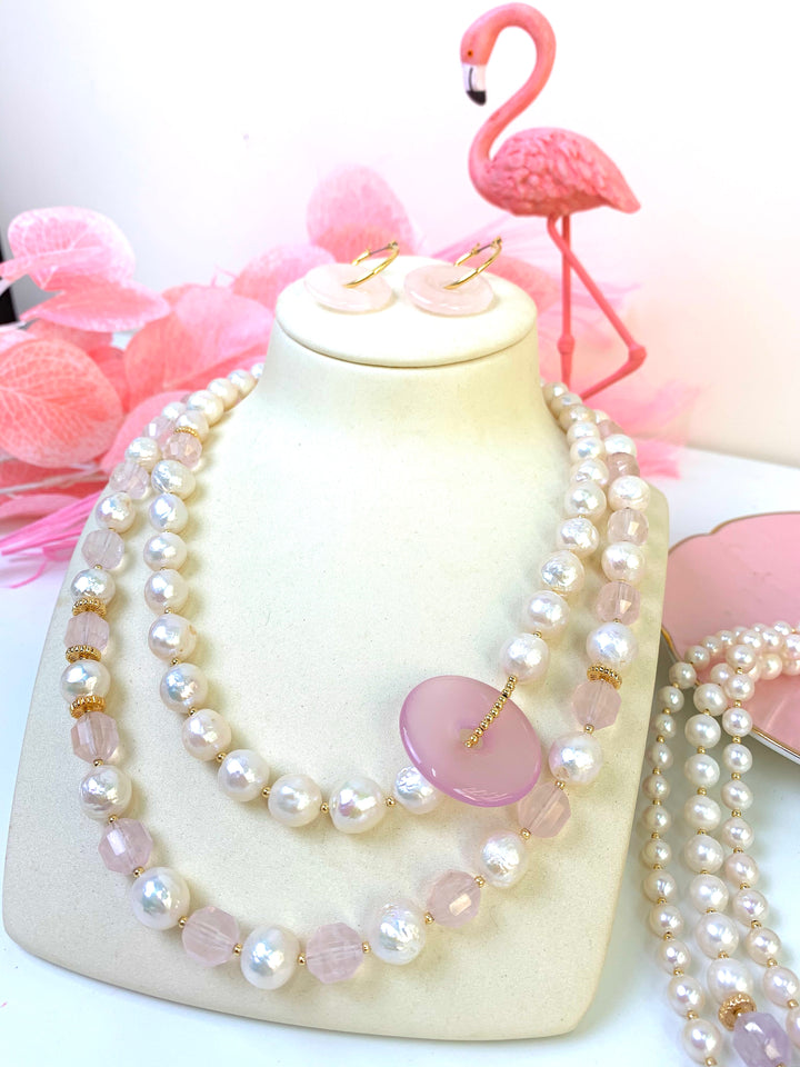 Freshwater Pearls with Rose Quartz Simple Short Necklace EN030 - FARRA