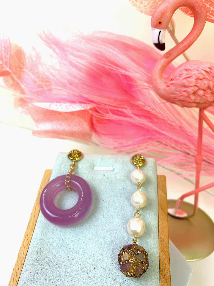 Pink Jade & Freshwater Pearls Asymmetric Earrings EE029 - FARRA