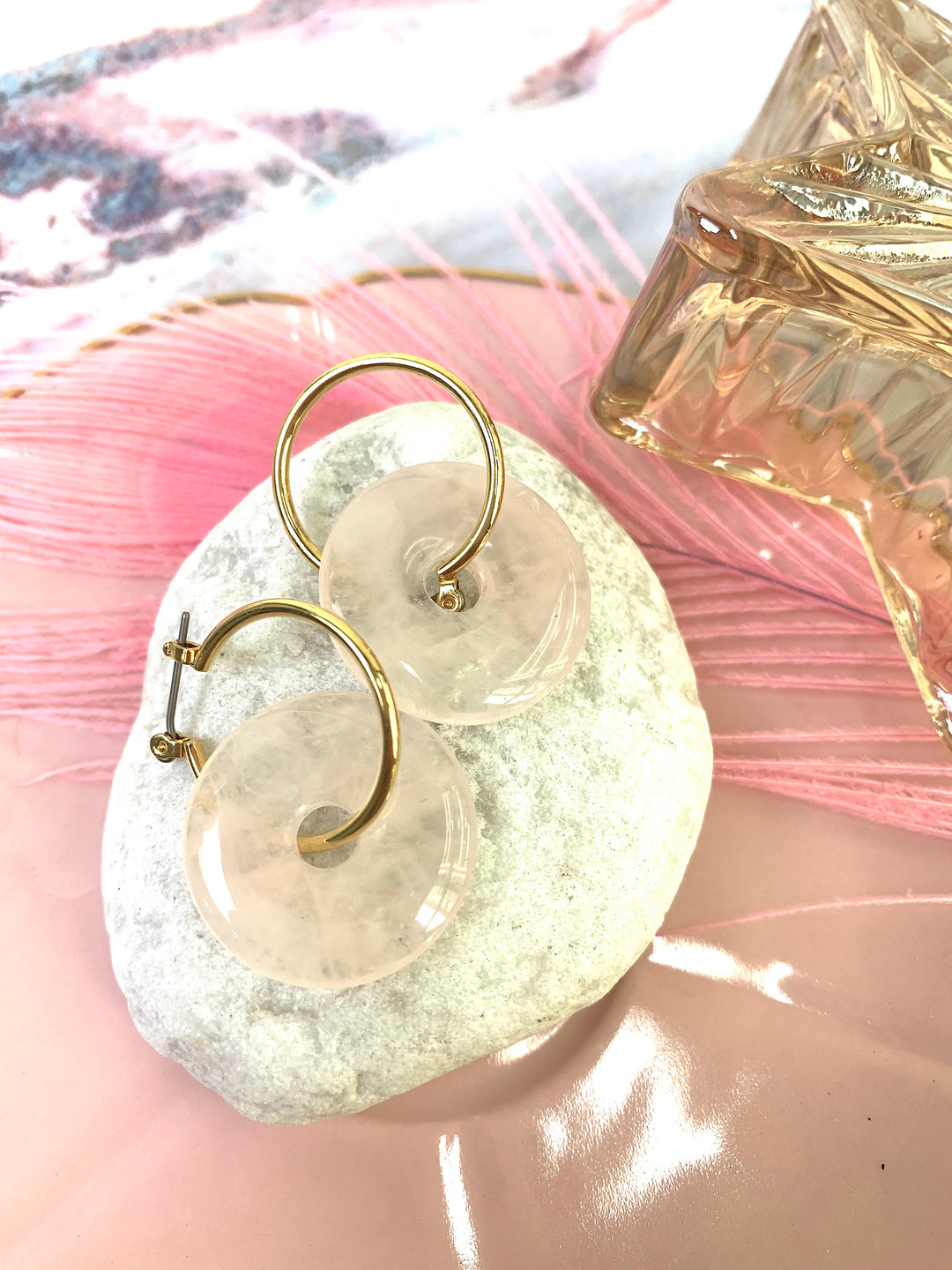 Rose Quartz Simple Round Donuts Clip On Earrings EE028 - FARRA