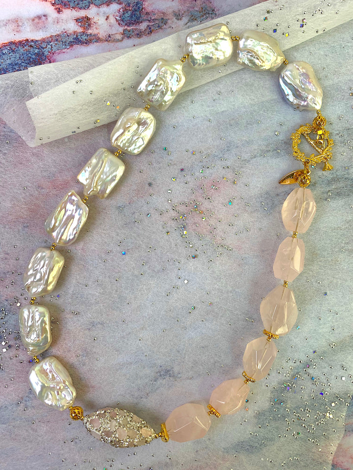 Rectangular Freshwater Pearls With Rose Quartz Necklace EN028 - FARRA