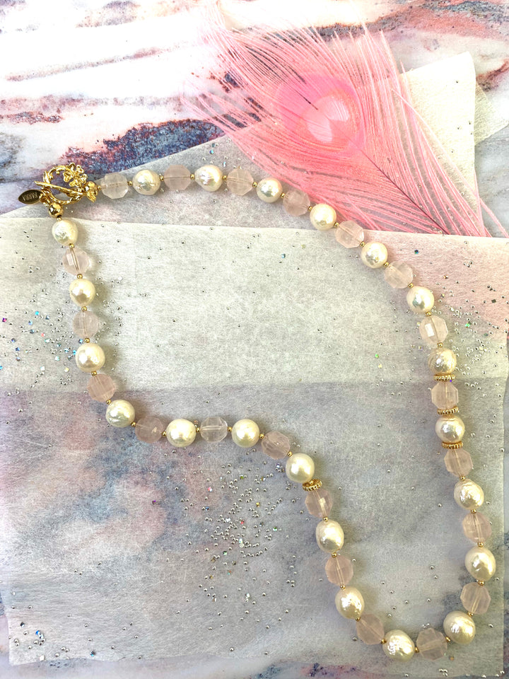 Pink Rose Quartz With Freshwater Pearls Necklace EN029 - FARRA