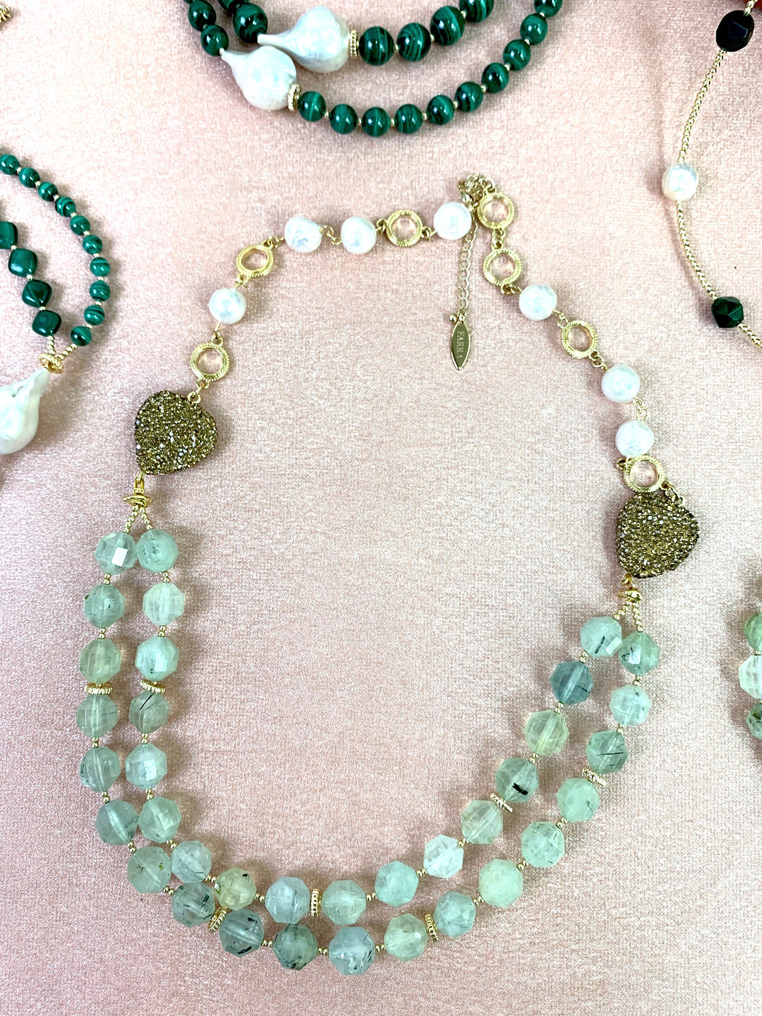 Prehnite with Freshwater Pearls Double Strands Necklace EN002 - FARRA