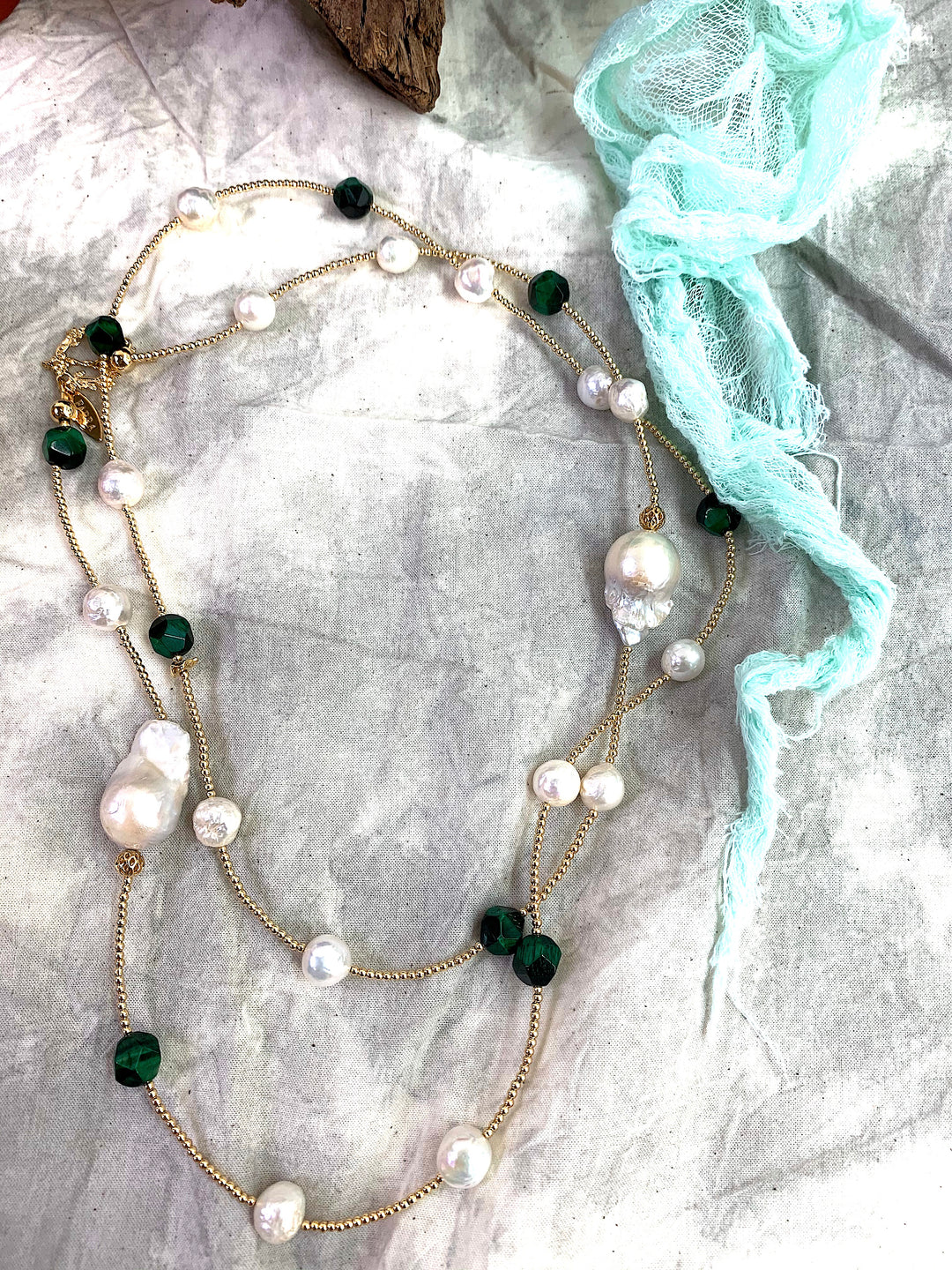 Malachite With Freshwater Pearl Multi-way Long Necklace EN005 - FARRA