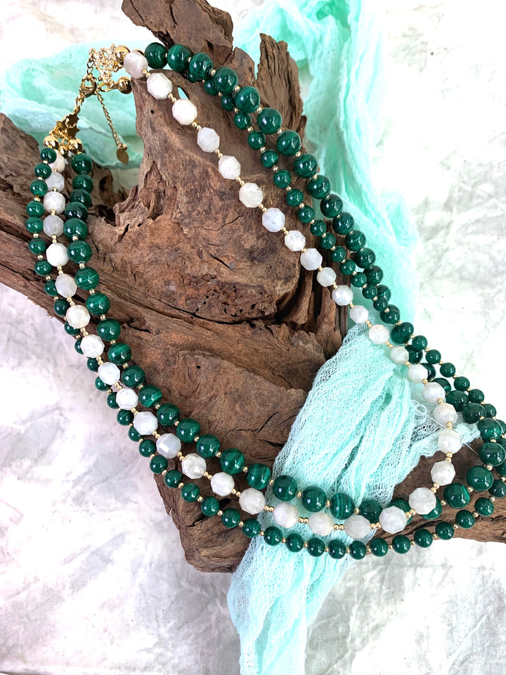 Malachite With Moon Stone Triple Strands Necklace EN004 - FARRA