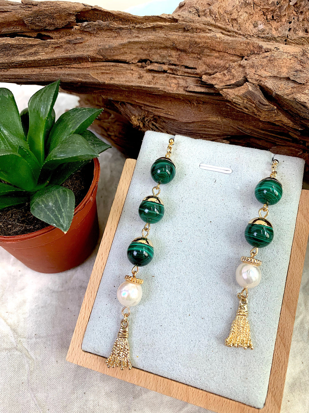 Malachite Asymmetric With Tassel Earrings EE003 - FARRA