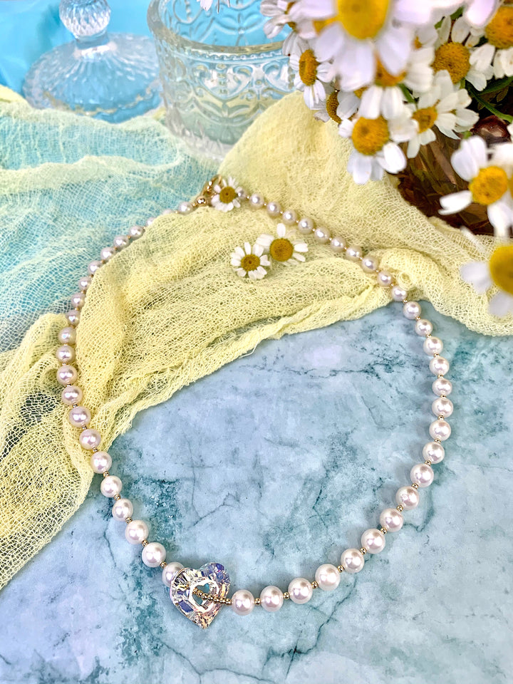 Freshwater Pearls With Swarovski Crystal Heart Charm Short Necklace EN043 - FARRA