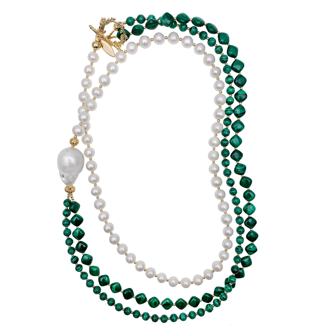 Malachites With Freshwater Pearls Multi Strands Necklace EN003 - FARRA