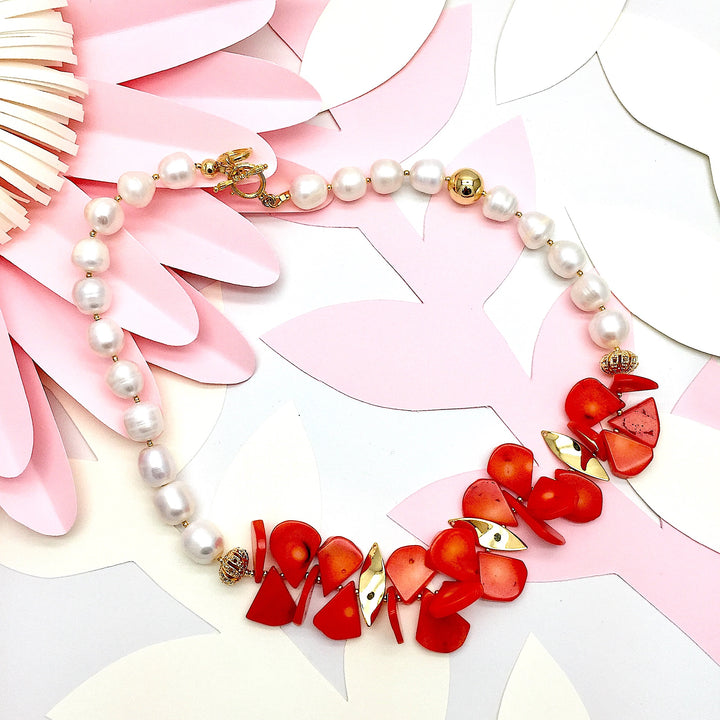 Floral Coral With Natural Freshwater Pearls Statement Necklace MN057 - FARRA