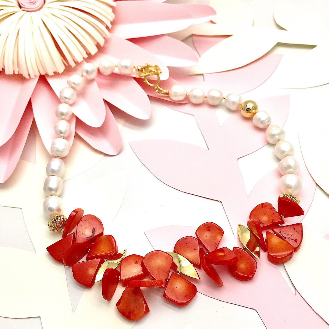 Floral Coral With Natural Freshwater Pearls Statement Necklace MN057 - FARRA