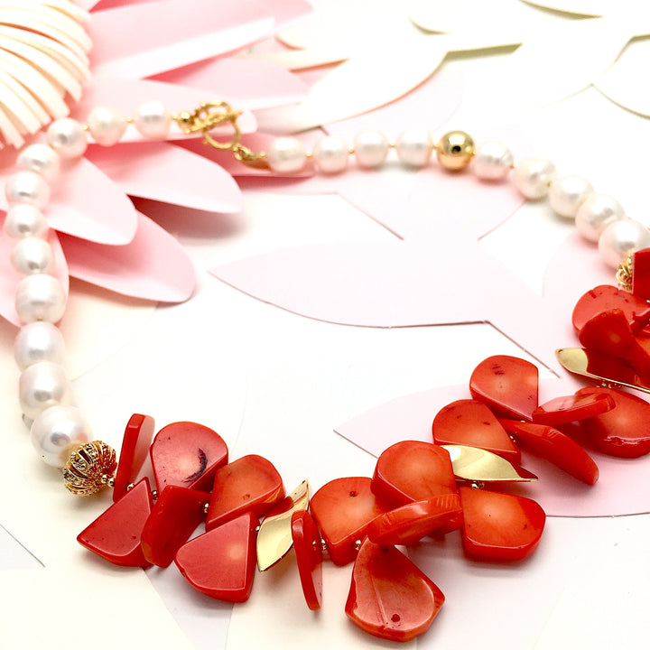 Floral Coral With Natural Freshwater Pearls Statement Necklace MN057 - FARRA