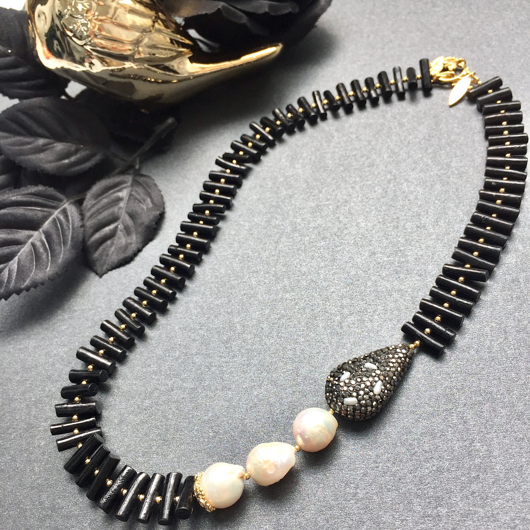 Black Coral With Freshwater Pearl Statement Necklace MN008 - FARRA