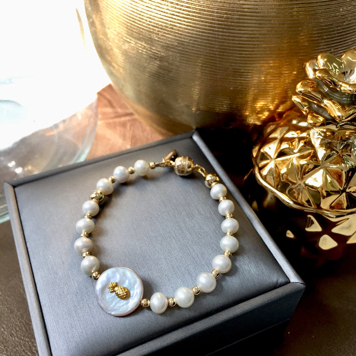 Freshwater Pearls With Pineapple Charm Bracelet MB120 - FARRA