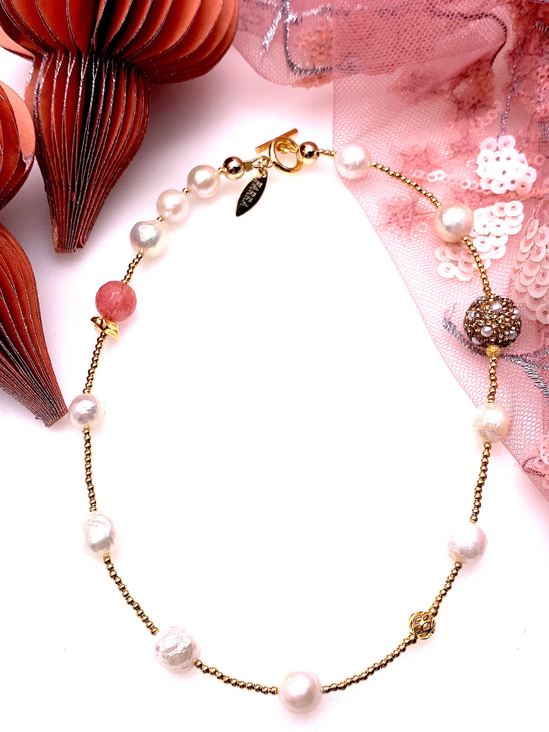 Freshwater Pearls With Watermelon Quartz Double Wrapped Bracelet GB004 - FARRA