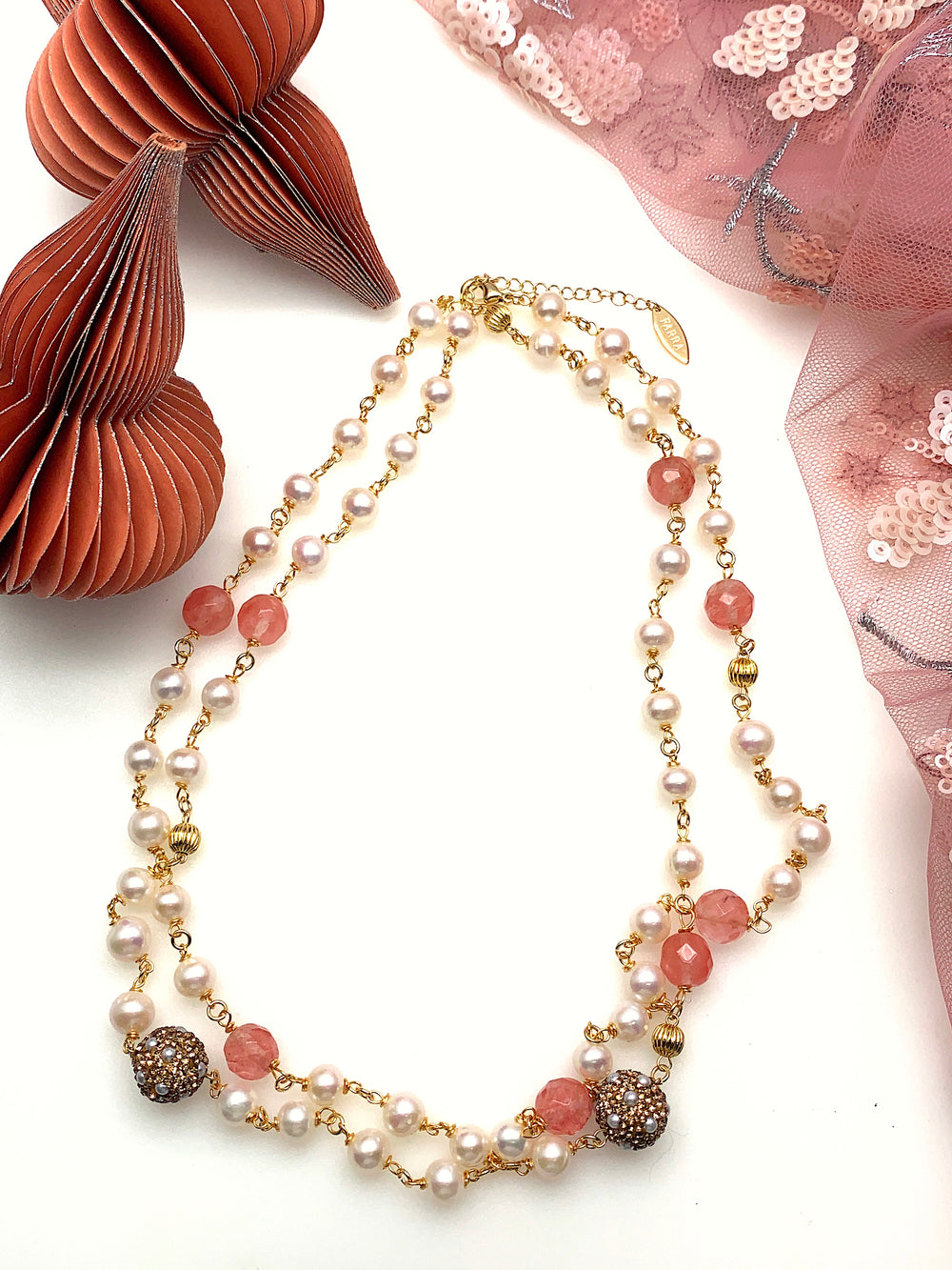 Freshwater Pearls with Watermelon Quartz Long Necklace GN004 - FARRA