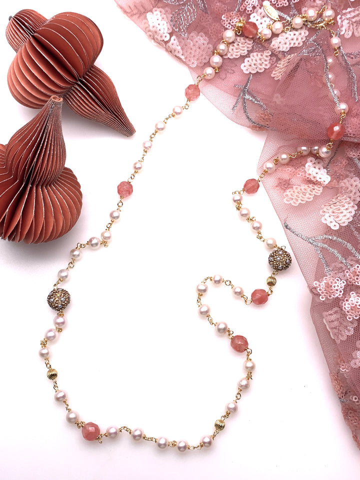 Freshwater Pearls with Watermelon Quartz Long Necklace GN004 - FARRA