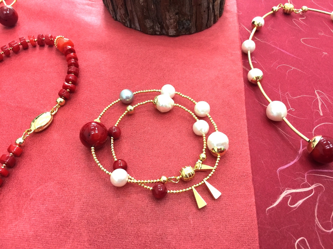 Freshwater Pearls With Red Coral Double Wrapped Bracelet AB005 - FARRA