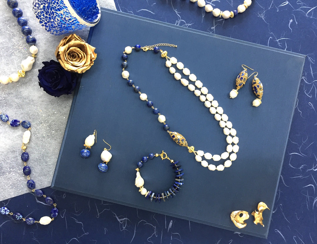 Freshwater Pearls With Lapis Lazuli & Rhinestone Double Strands Necklace AN016 - FARRA