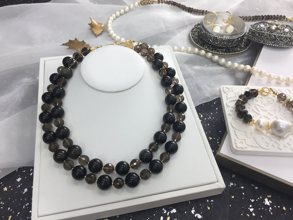 Black Obsidian With Smoky Quartz Double Strands Necklace AN022 - FARRA