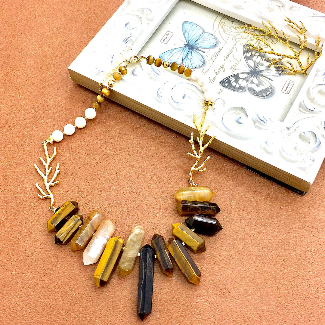 Tiger Eye and Freshwater Pearls Statement Necklace AN042 - FARRA