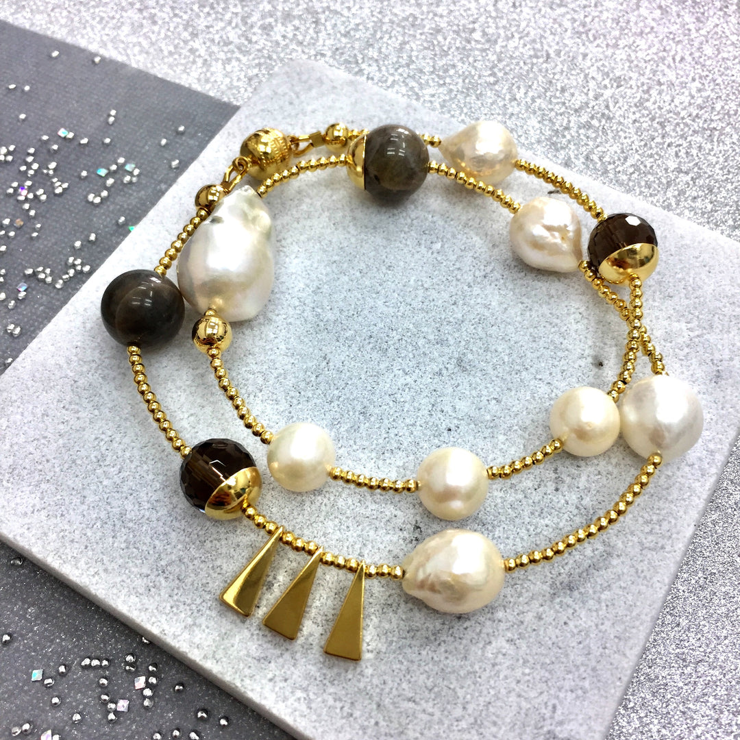 Freshwater Pearls & Labradorite Double Layers Bracelet AB008 - FARRA