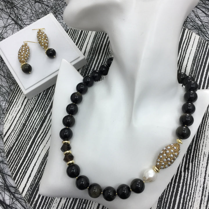 Black Obsidian With Freshwater Pearls Statement Necklace AN024 - FARRA