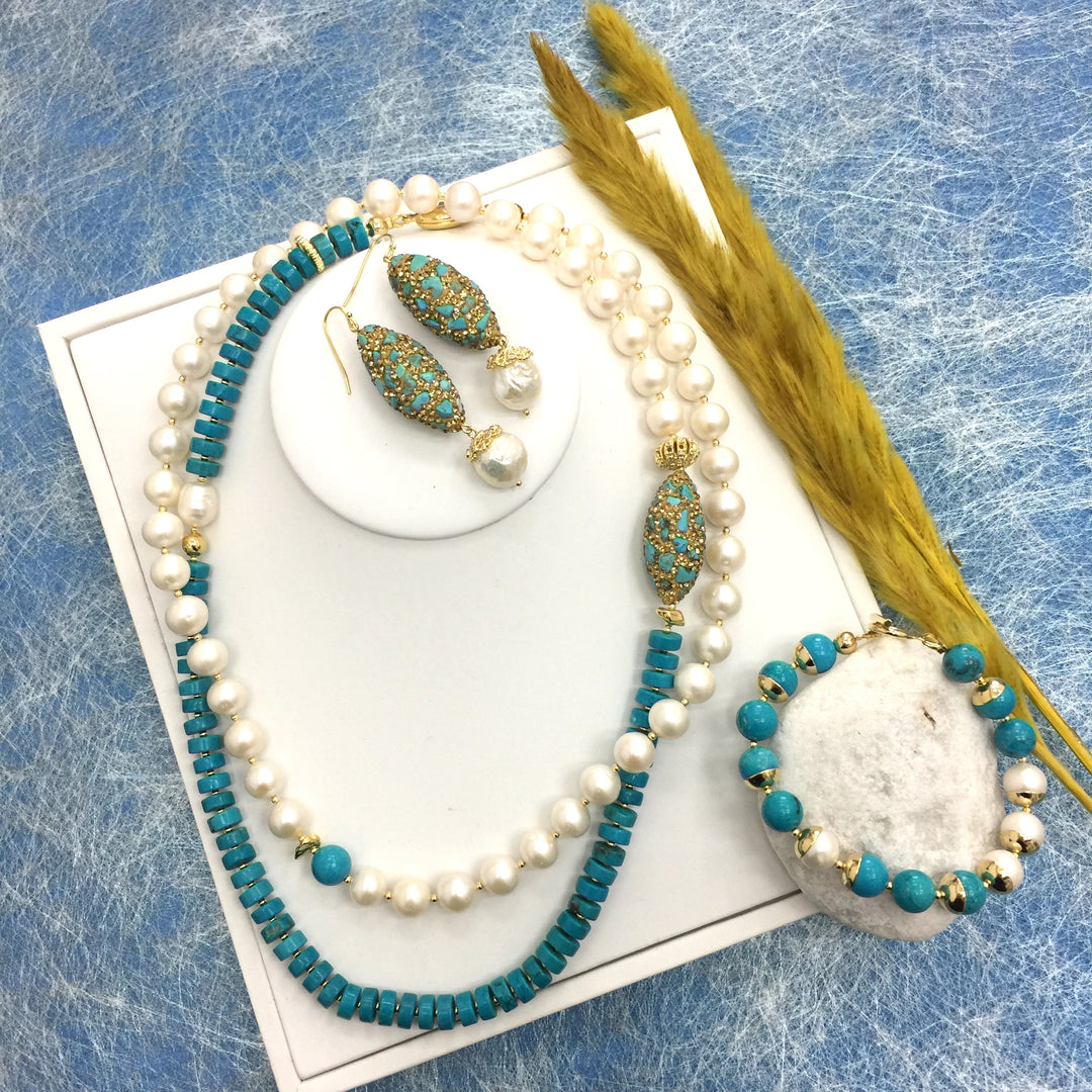 Rhinestone bordered turquoise with freshwater pearls Earrings AE019 - FARRA