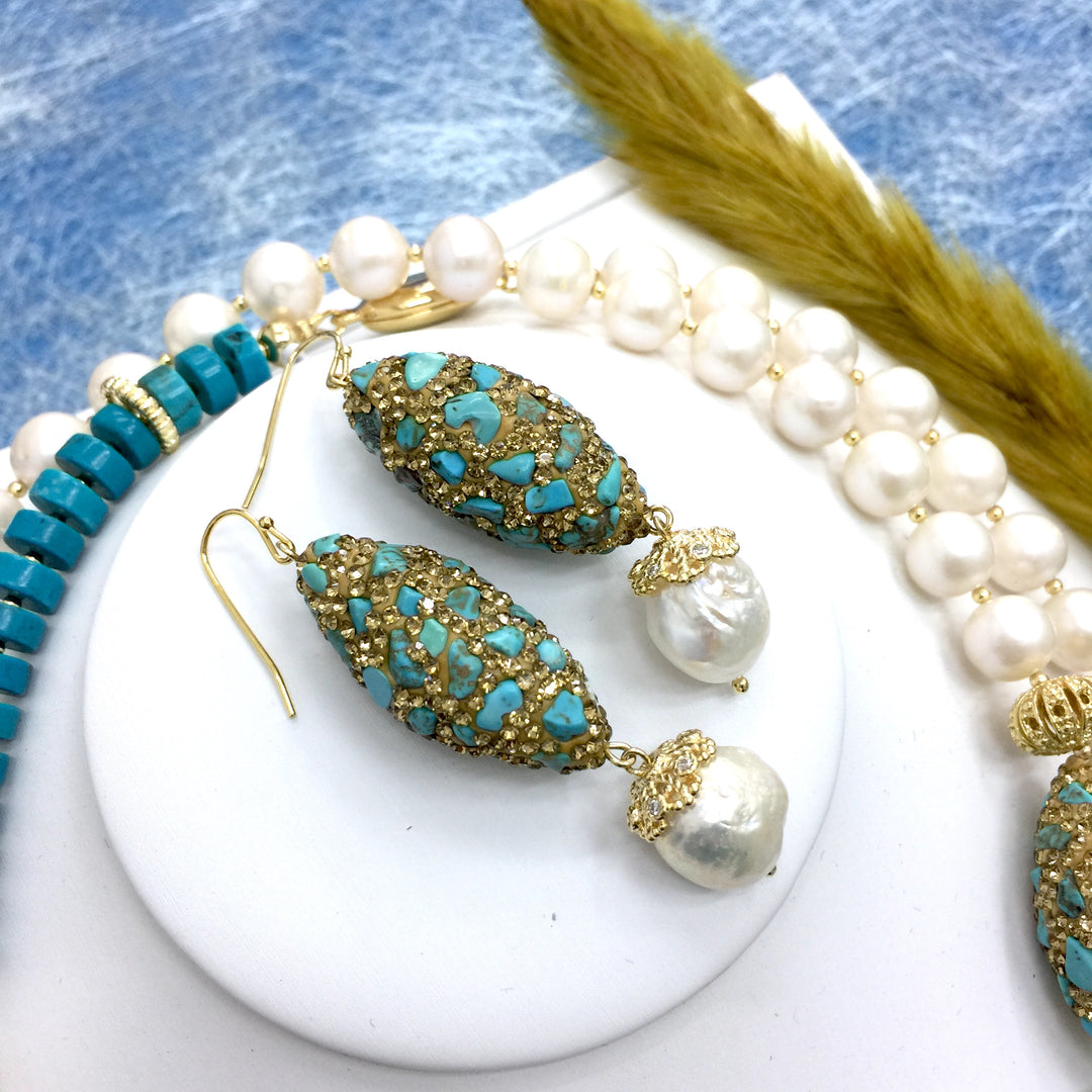 Rhinestone bordered turquoise with freshwater pearls Earrings AE019 - FARRA