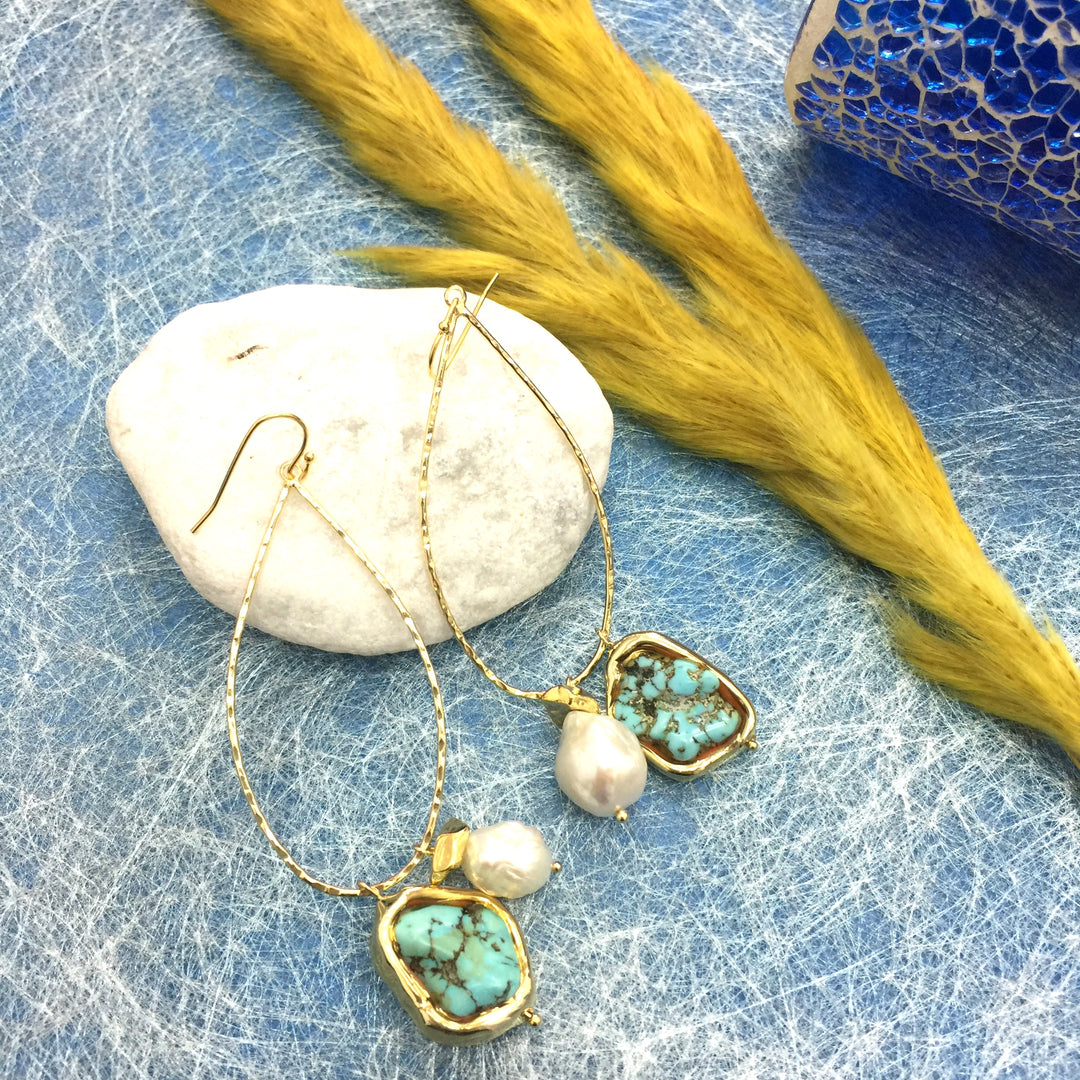 Turquoise & Freshwater Pearls Swinging Earring AE025 - FARRA
