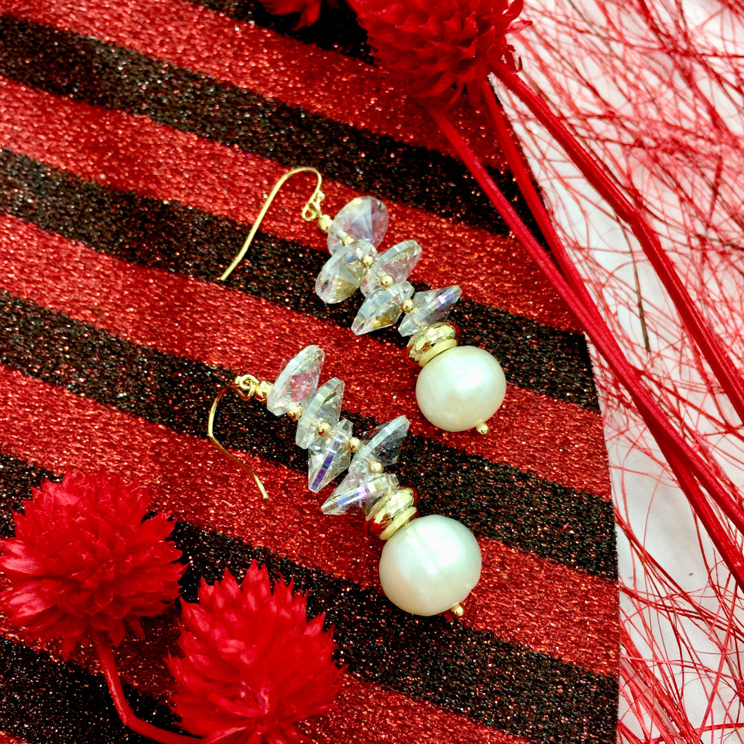 White Crystals With Freshwater Pearl Hook Earrings AE060 - FARRA