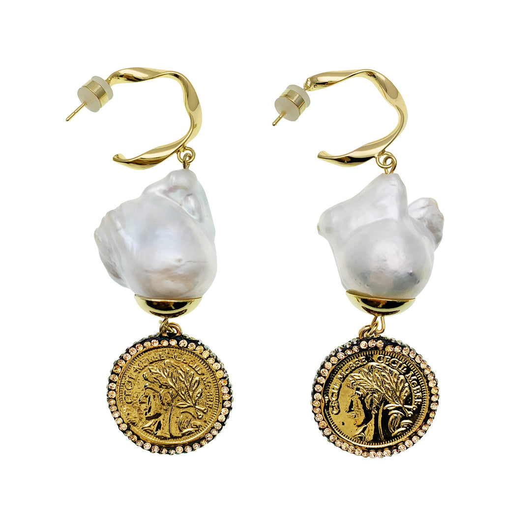 Suspended from each pearl is a delicate coin charm, adding a touch of sophistication and movement to your look.