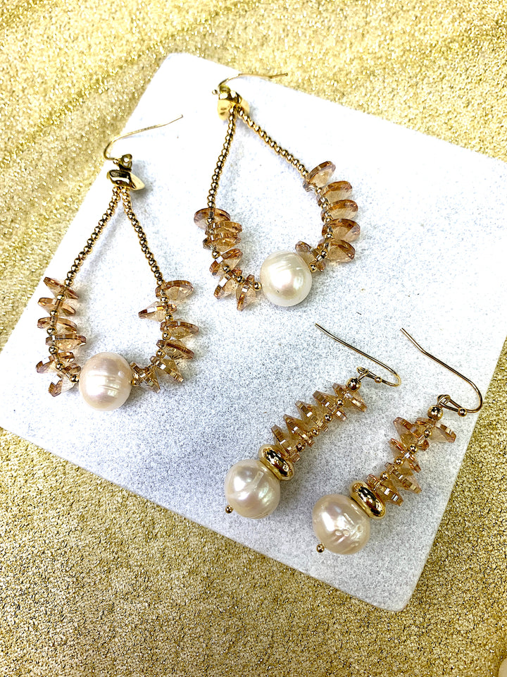 Golden Crystals & Freshwater Pearl Hook Earrings FE026 - FARRA