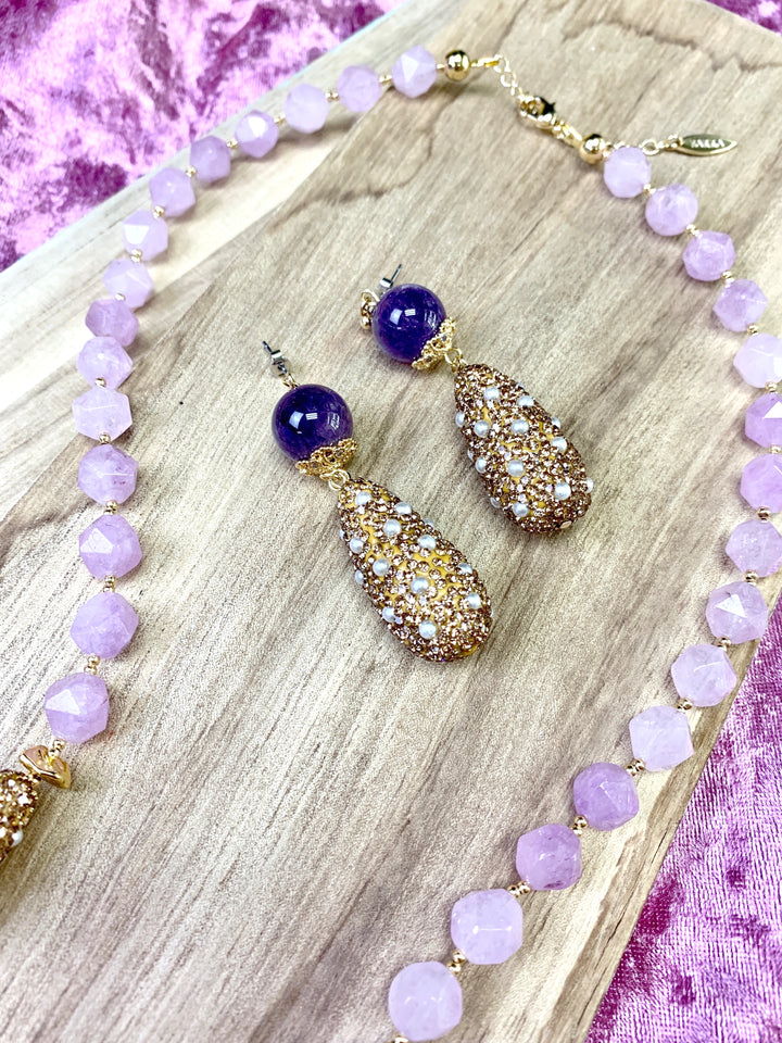 Sophisticated Amethyst With Teardrop Rhinestones Dangle Earrings FE015 - FARRA