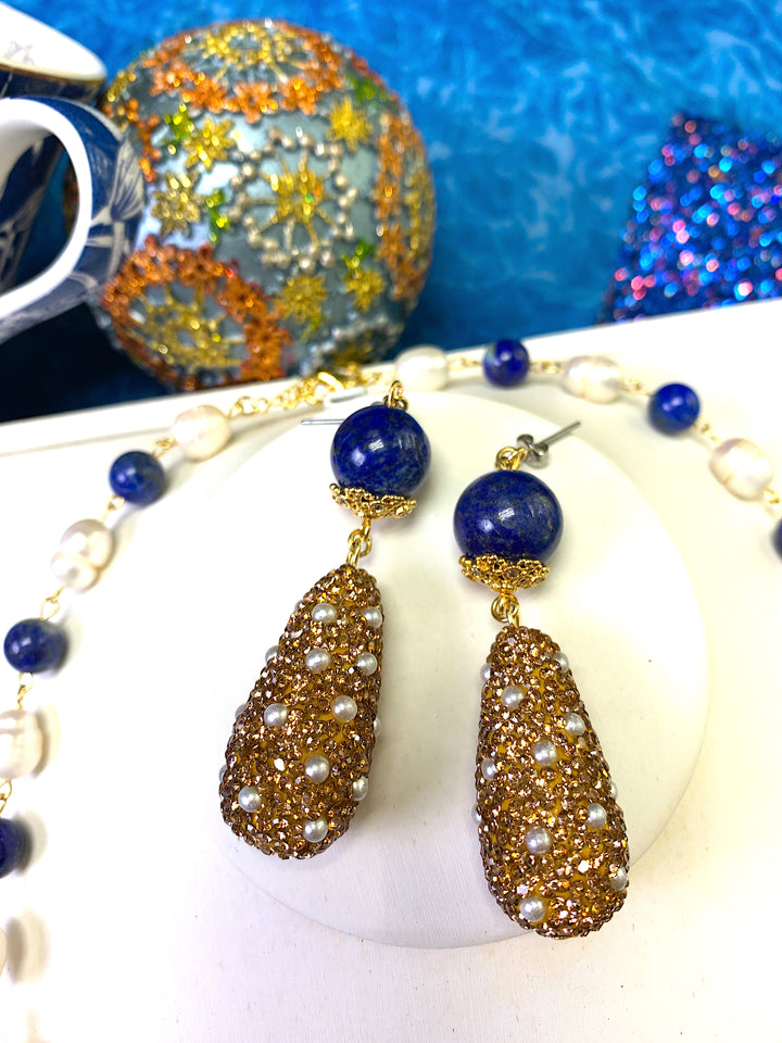 Lapis With Teardrop Rhinestones Sophisticated Dangle Earrings FE013 - FARRA