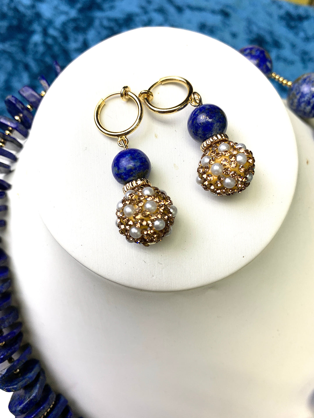 Round Lapis With Rhinestones Bordered Pearls Simple Dangle Earrings FE014 - FARRA